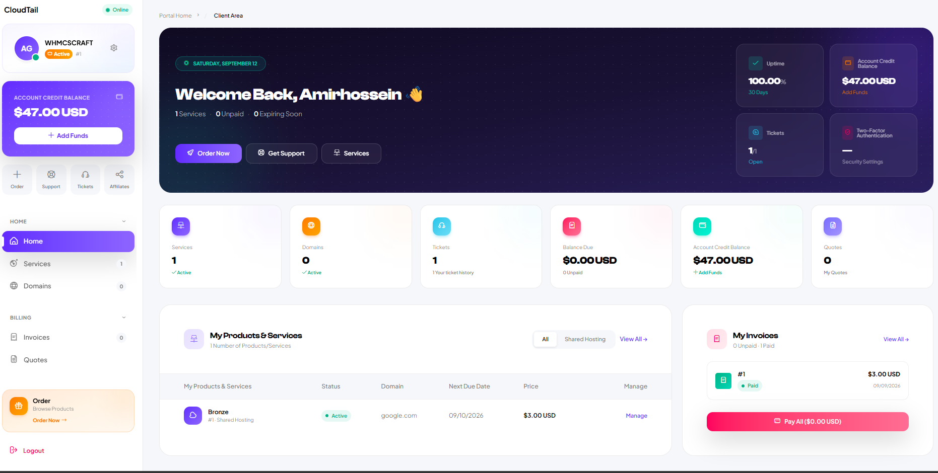 CloudTail WHMCS dashboard
